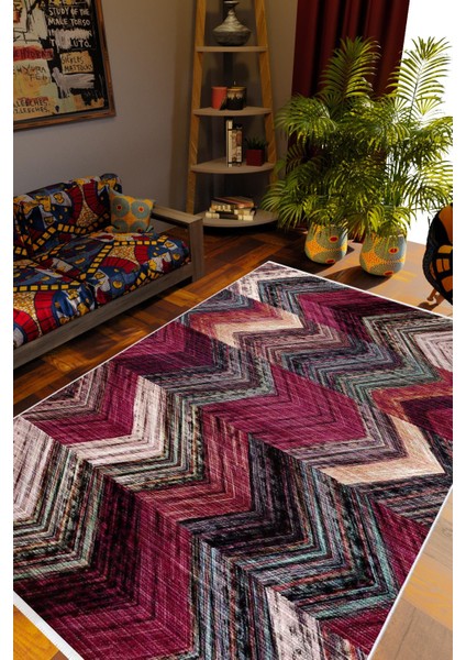 Kilim Desenli Otantik Eskitme Zikzak Pembe Kaydırmaz Kesme Yıkanabilir Ince Halı