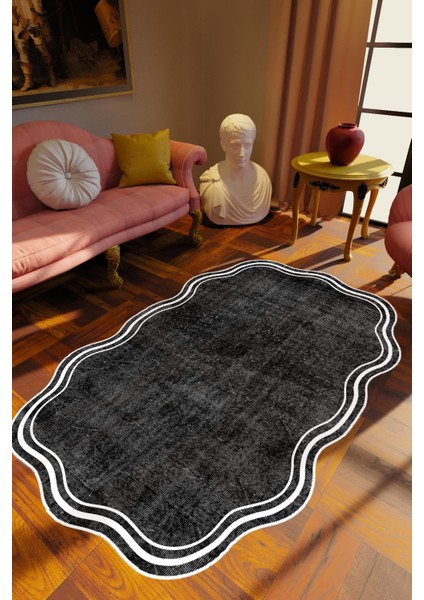 Salon Halısı Klasik Modern Lazer Kesim Gri Siyah Kaydırmaz Kesme Yıkanabilir Ince Halı Tüysüz Kilim