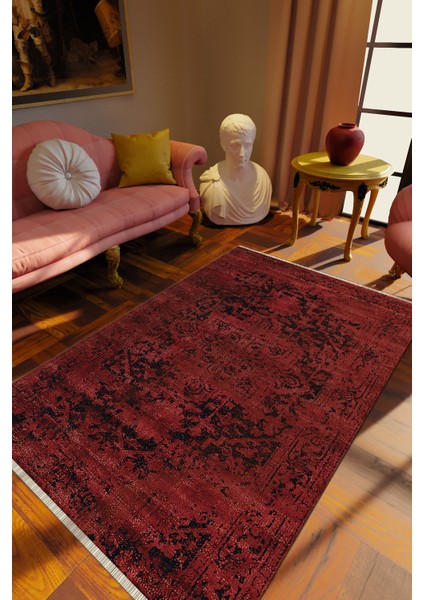 Klasik Eskitme Bordo Dijital Baskı Halı Kaydırmaz Ince Yıkanabilir