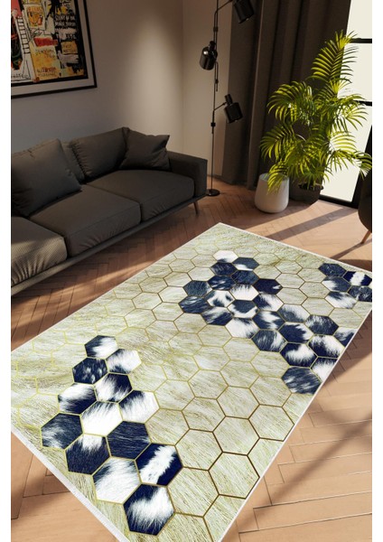 Salon Halısı Modern Geometrik Lacivert Kahverengi Mavi Kaydırmaz Yıkanabilir Ince Halı Tüysüz Kilim