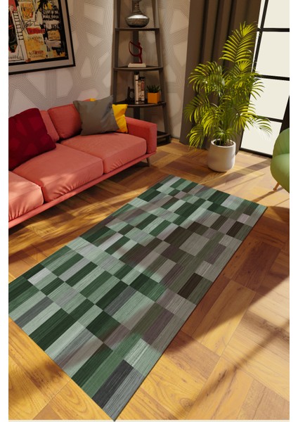 Modern Patchwork Yeşil Dijital Baskı Halı Kaydırmaz Ince Yıkanabilir