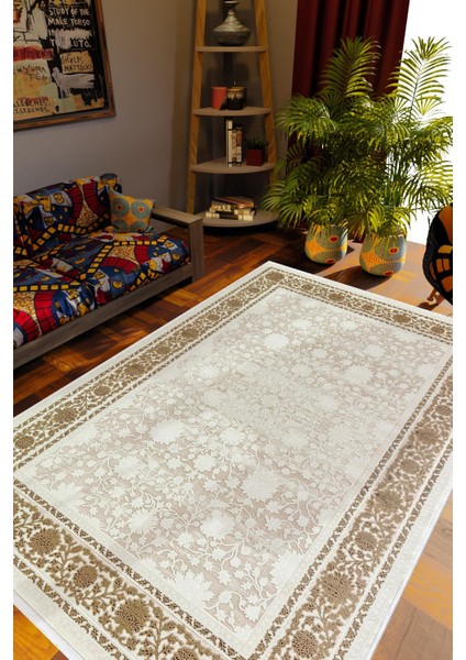 Salon Halısı Otantik Eskitme Ekru Kahverengi Krem Kaydırmaz Kesme Yıkanabilir Ince Halı Tüysüz Kilim
