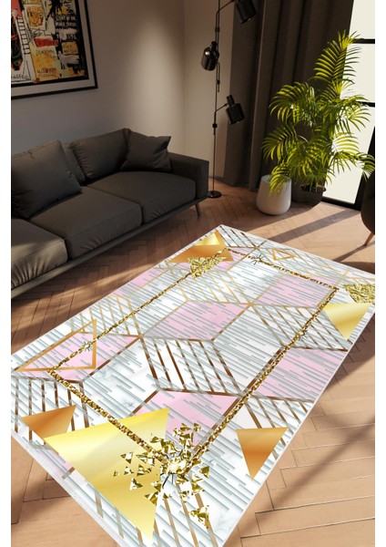 Salon Halısı Modern Geometrik Altın Kaydırmaz Kesme Yıkanabilir Ince Halı Tüysüz Kilim