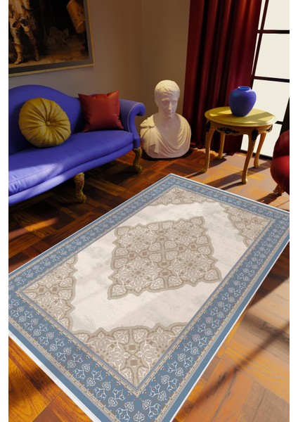 Salon Halısı Klasik Lacivert Gri Mavi Kaydırmaz Kesme Yıkanabilir Ince Halı Tüysüz Kilim