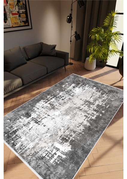 Salon Halısı Doku Eskitme Siyah Anstrasit Kaydırmaz Kesme Yıkanabilir Ince Halı Tüysüz Kilim