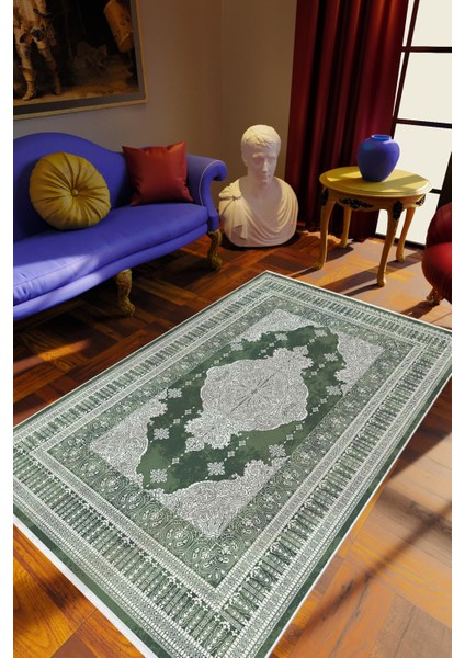 Salon Halısı Klasik Yeşil Gri Kaydırmaz Kesme Yıkanabilir Ince Halı Tüysüz Kilim