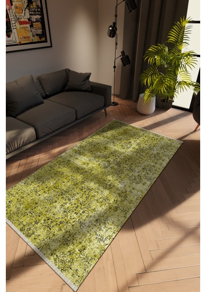 Modern Çizgili Yeşil Dijital Baskı Halı Kaydırmaz Ince Yıkanabilir