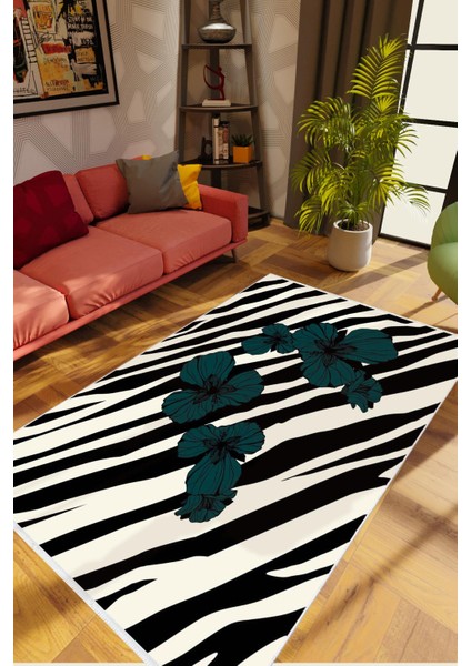 Salon Halısı Çiçekli Zebra Temalı Beyaz Siyah Kaydırmaz Yıkanabilir Ince Halı Tüysüz Kilim