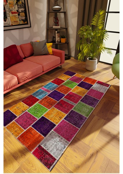 Modern Patchwork Karışık Renkli Dijital Baskı Halı Kaydırmaz Ince Yıkanabilir