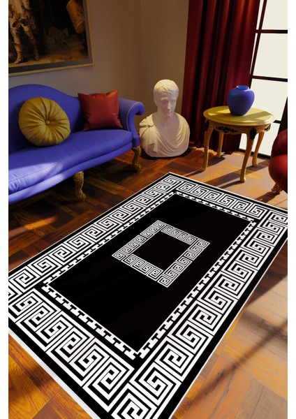 Salon Halısı Klasik Siyah Kaydırmaz Kesme Yıkanabilir Ince Halı Tüysüz Kilim