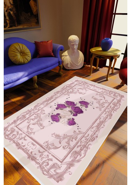 Salon Halısı Figürlü Çiçekli Mor Gri Kaydırmaz Kesme Yıkanabilir Ince Halı Tüysüz Kilim