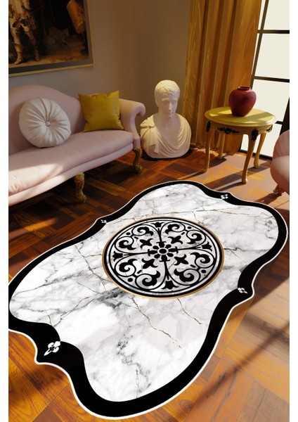 Salon Halısı Klasik Modern Siyah Beyaz Kaydırmaz Kesme Yıkanabilir Ince Halı Tüysüz Kilim
