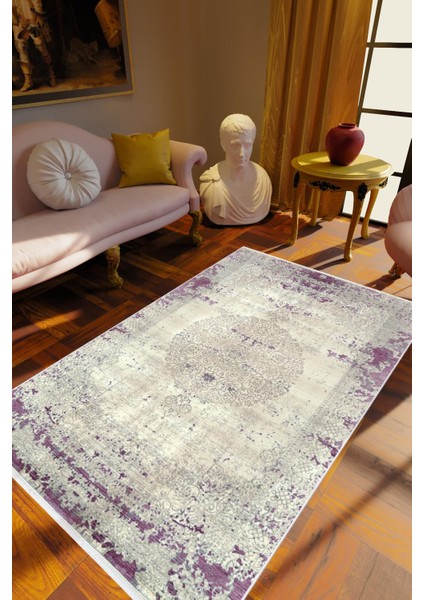 Salon Halısı Klasik Eskitme Mor Beyaz Kaydırmaz Kesme Yıkanabilir Ince Halı Tüysüz Kilim