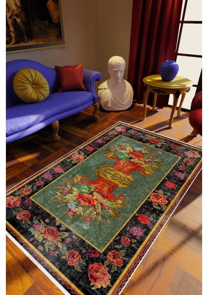 Salon Halısı Eskitme Retro Yeşil Kaydırmaz Kesme Yıkanabilir Ince Halı Tüysüz Kilim