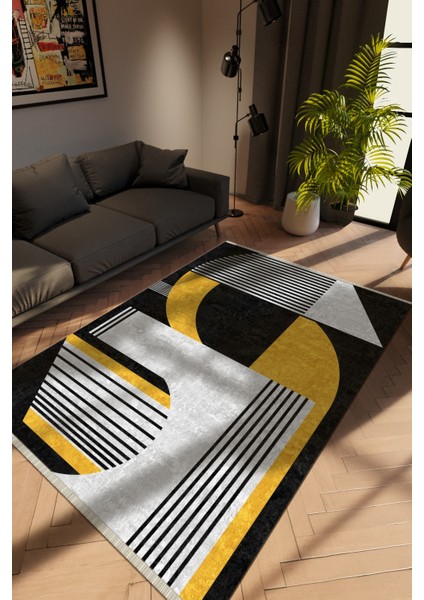 Modern Geometrik Siyah Dijital Baskı Halı Kaydırmaz Ince Yıkanabilir