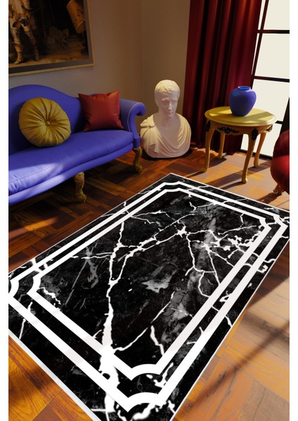 Salon Halısı Eskitme Modern Mermer Siyah Beyaz Kaydırmaz Yıkanabilir Ince Halı Tüysüz Kilim