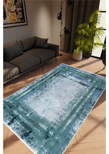 Salon Halısı Doku Eskitme Mavi Kaydırmaz Kesme Yıkanabilir Ince Halı Tüysüz Kilim