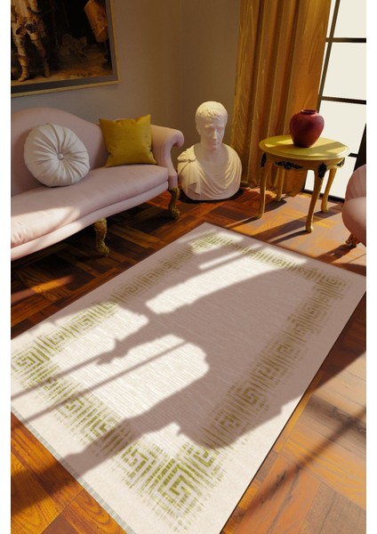 Klasik Eskitme Krem Dijital Baskı Halı Kaydırmaz Ince Yıkanabilir