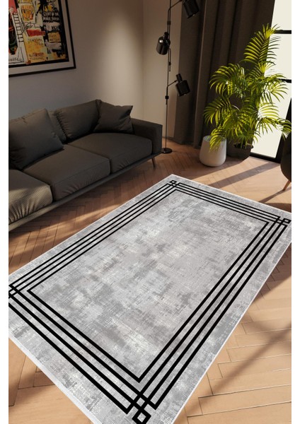 Salon Halısı Modern Çizgili Gri Siyah Kaydırmaz Kesme Yıkanabilir Ince Halı Tüysüz Kilim