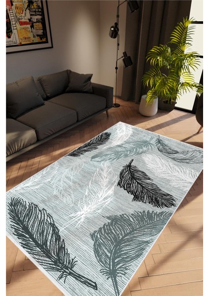 Salon Halısı Çiçekli Tüy Desen Gri Beyaz Siyah Kaydırmaz Yıkanabilir Ince Halı Tüysüz Kilim