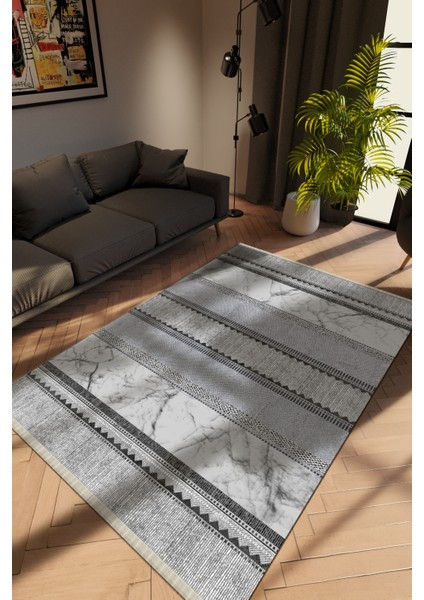 Modern Gri Dijital Baskı Halı Kaydırmaz Ince Yıkanabilir