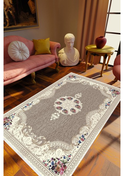 Figürlü Çiçekli Kilim Temalı Kahverengi Kaydırmaz Kesme Yıkanabilir Ince Halı