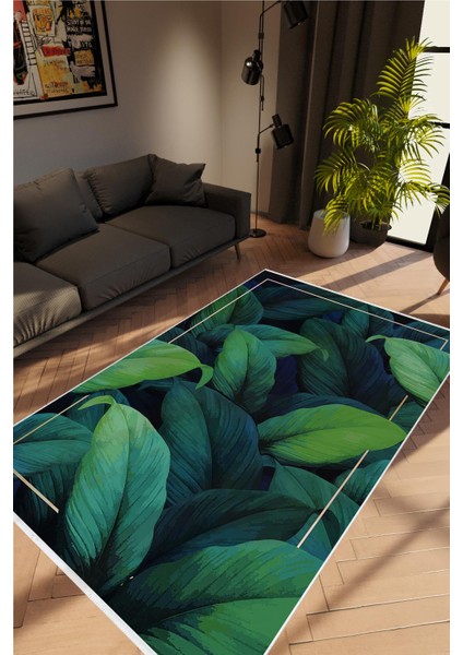 Salon Halısı Figürlü Çiçekli Yaprak Desen Yeşil Kaydırmaz Kesme Yıkanabilir Ince Halı Tüysüz Kilim