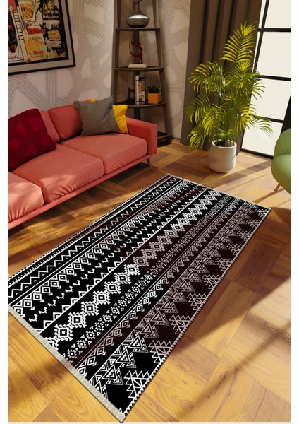 Modern Siyah Dijital Baskı Halı Kaydırmaz Ince Yıkanabilir