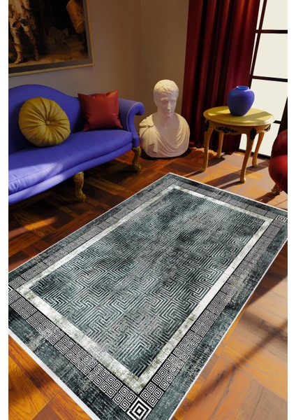 Salon Halısı Klasik Siyah Gri Kaydırmaz Kesme Yıkanabilir Ince Halı Tüysüz Kilim