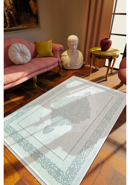 Klasik Mavi Dijital Baskı Halı Kaydırmaz Ince Yıkanabilir