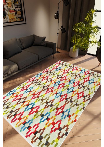 Modern Retro Gri Kaydırmaz Kesme Yıkanabilir Ince Halı