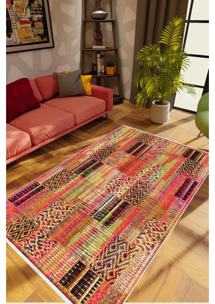 Salon Halısı Eskitme Patchwork Pembe Kaydırmaz Kesme Yıkanabilir Ince Halı Tüysüz Kilim