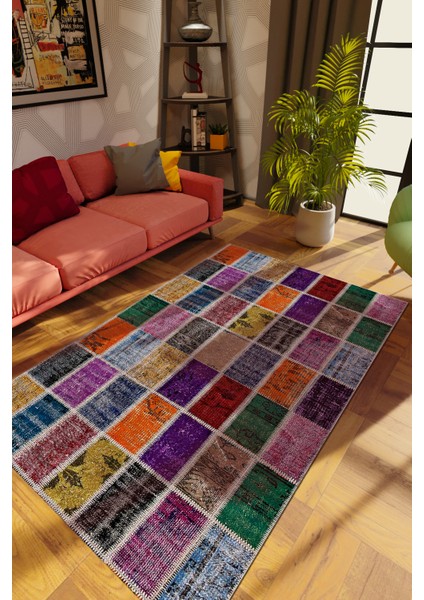 Modern Patchwork Karışık Renkli Dijital Baskı Halı Kaydırmaz Ince Yıkanabilir