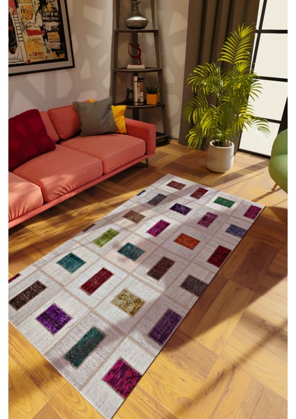 Modern Patchwork Karışık Renkli Dijital Baskı Halı Kaydırmaz Ince Yıkanabilir