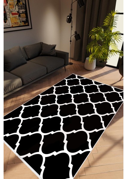Modern Geometrik Siyah Beyaz Kaydırmaz Kesme Yıkanabilir Ince Halı