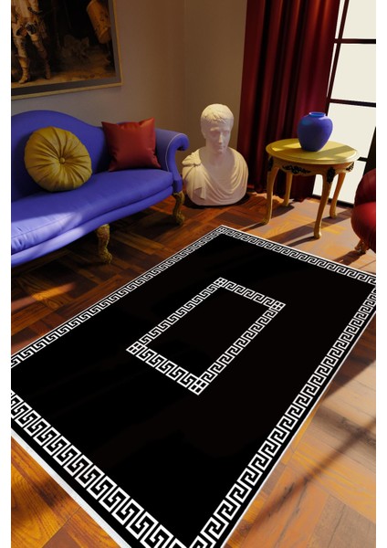 Salon Halısı Klasik Siyah Kaydırmaz Kesme Yıkanabilir Ince Halı Tüysüz Kilim