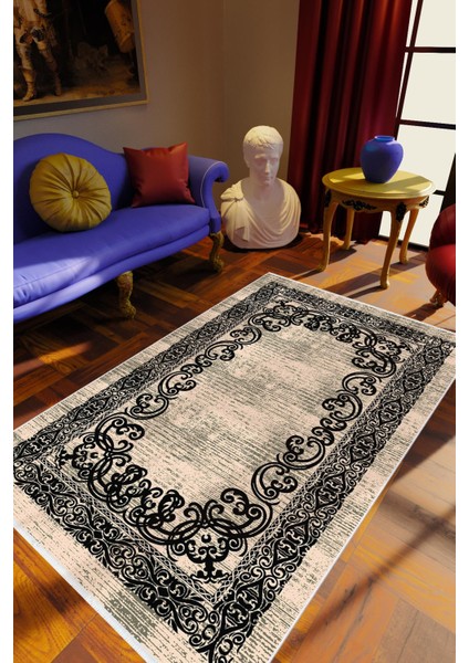 Salon Halısı Klasik Siyah Bej Gri Kaydırmaz Kesme Yıkanabilir Ince Halı Tüysüz Kilim