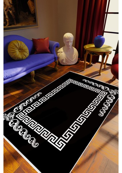 Salon Halısı Klasik Siyah Kaydırmaz Kesme Yıkanabilir Ince Halı Tüysüz Kilim