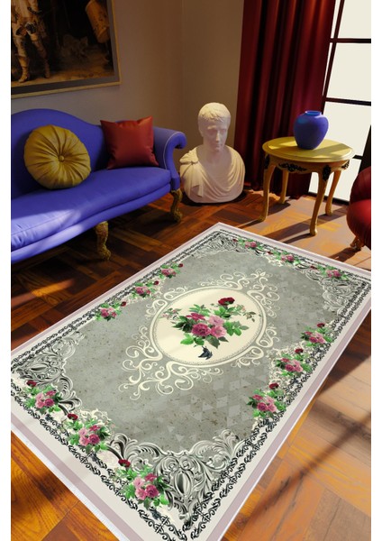 Figürlü Çiçekli Gül Desenli Kilim Motifi Yeşil Gri Kaydırmaz Kesme Yıkanabilir Ince Halı