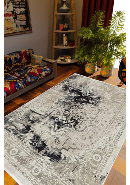 Salon Halısı Otantik Eskitme Çiçek Temalı Gri Siyah Kaydırmaz Yıkanabilir Ince Halı Tüysüz Kilim