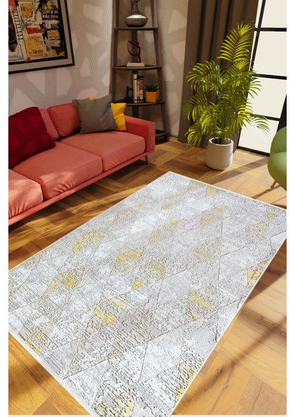 Salon Halısı Modern Eskitme Baklava Desen Gri Sarı Kaydırmaz Yıkanabilir Ince Halı Tüysüz Kilim