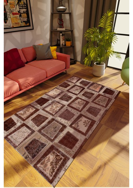 Modern Patchwork Kahverengi Dijital Baskı Halı Kaydırmaz Ince Yıkanabilir