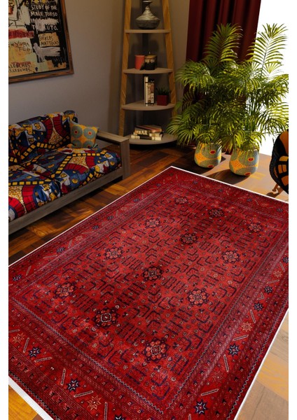 Otantik Eskitme Bordo Kaydırmaz Kesme Yıkanabilir Ince Halı