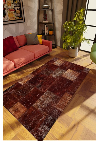 Modern Patchwork Kahverengi Dijital Baskı Halı Kaydırmaz Ince Yıkanabilir