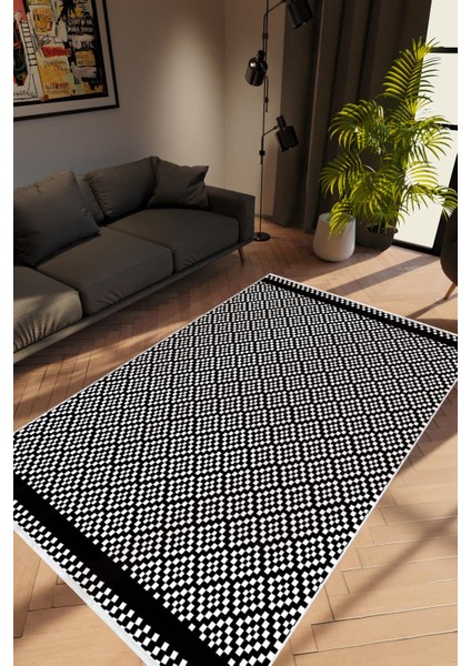 Modern Geometrik Siyah Beyaz Kaydırmaz Kesme Yıkanabilir Ince Halı
