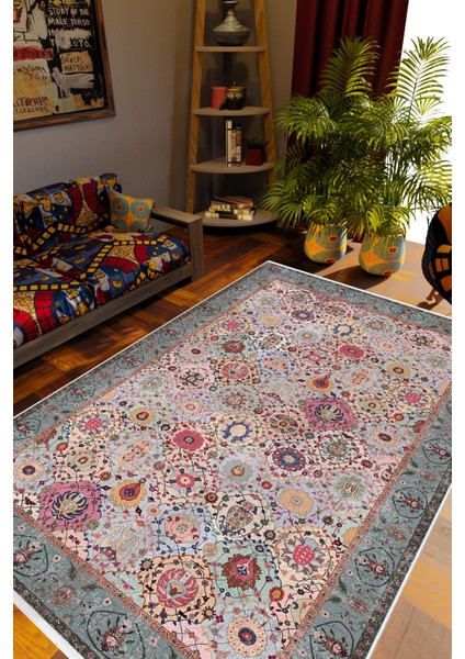 Kilim Desenli Otantik Eskitme Mavi Kaydırmaz Kesme Yıkanabilir Ince Halı