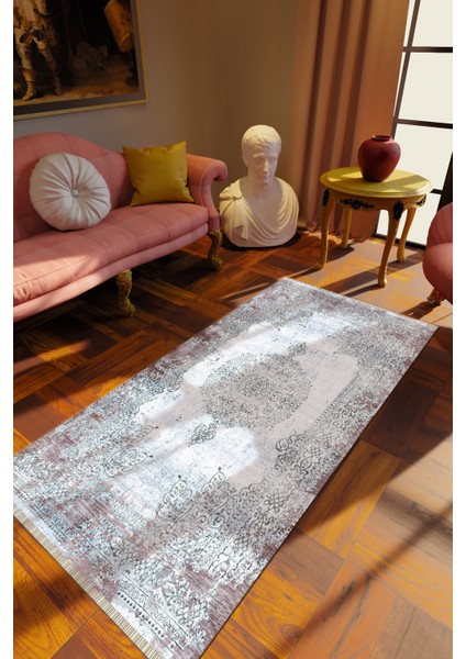 Klasik Eskitme Gri Dijital Baskı Halı Kaydırmaz Ince Yıkanabilir