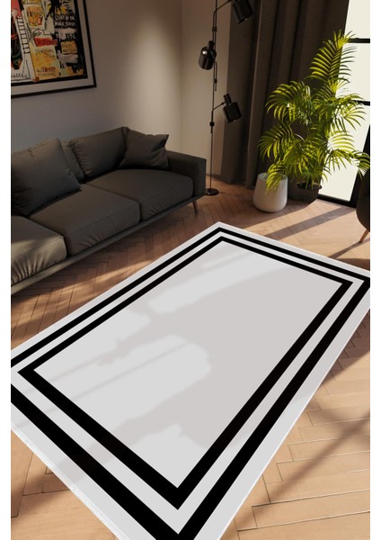 Salon Halısı Modern Çizgili Gri Siyah Kaydırmaz Kesme Yıkanabilir Ince Halı Tüysüz Kilim