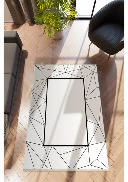 Modern Geometrik Siyah Dijital Baskı Halı Kaydırmaz Ince Yıkanabilir