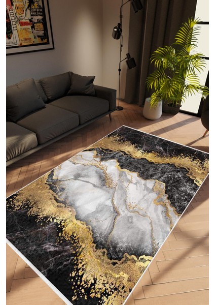 Salon Halısı Taş Mermer Modern Altın Siyah Gri Gold Kaydırmaz Yıkanabilir Ince Halı Tüysüz Kilim